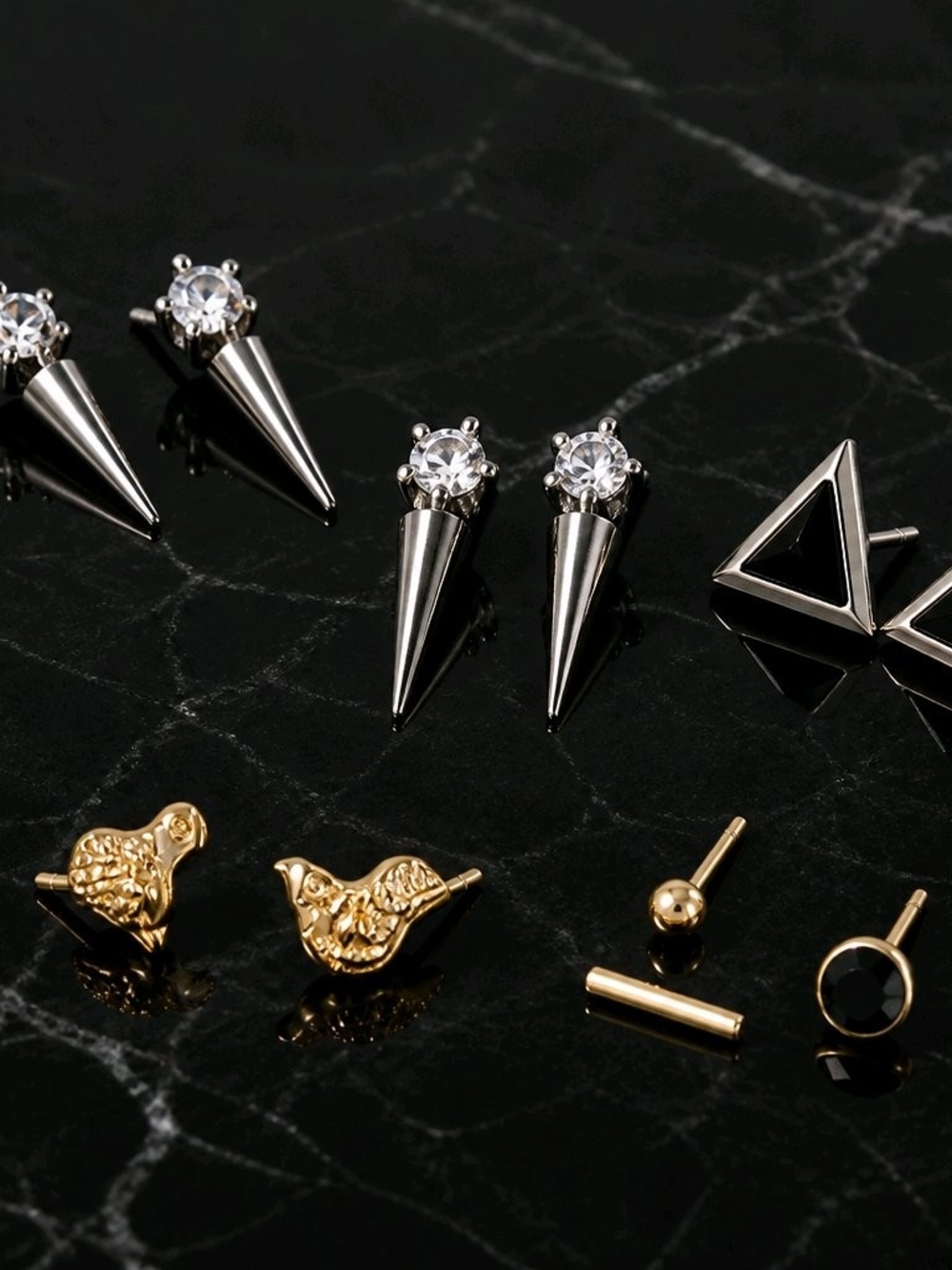 Silver Spike Stud Earrings with Crystal Accent - Unbranded